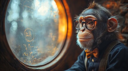 Chimpanzee Scientist Looking at Window with Mathematical Equations and Wearing Bowtie