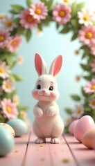 Obraz premium Cute, cheerful cartoon bunny surrounded by colorful Easter eggs and flowers, perfect for spring-themed designs, greeting cards, or children's products.