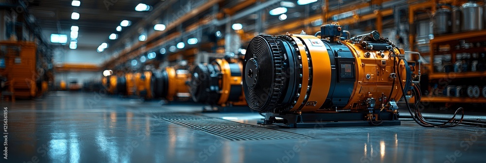 Poster the image captures a row of industrial machines lined up in a spacious facility, showcasing their un