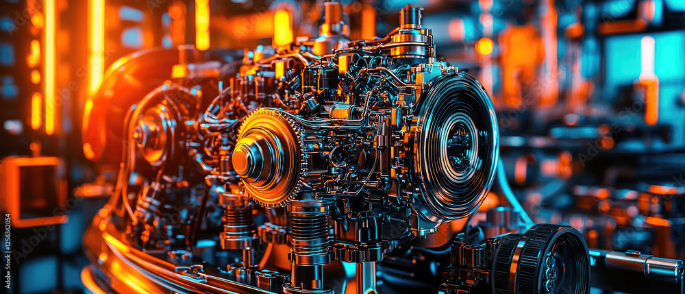 Poster close-up view of a futuristic engine in a high-tech workshop with vibrant lighting effects