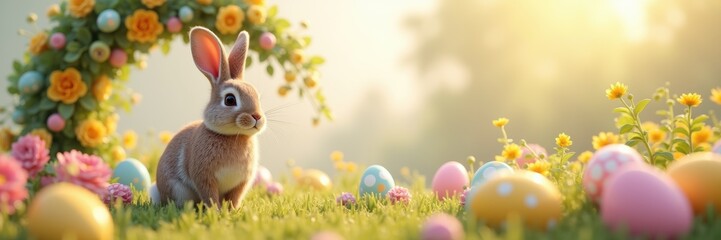 Obraz premium Cute rabbit amidst colorful Easter eggs and flowers, capturing the essence of spring and festive celebrations in a vibrant, cheerful setting.