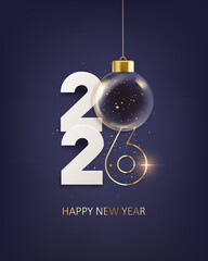 Happy new year 2026. White paper numbers with transparent Christmas ball and confetti, holiday greeting card design.
