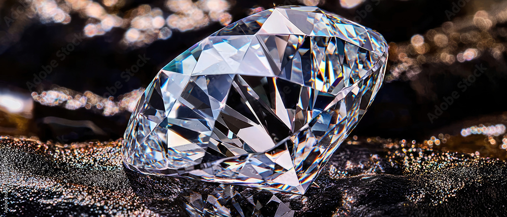 Poster Close-up of a sparkling diamond resting on a textured surface with soft reflections
