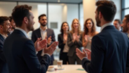 Blurred background of a team applauding a colleague receiving an award