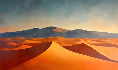 Fototapeta premium A minimalist painting of a desert landscape featuring sand dunes and mountains at sunset