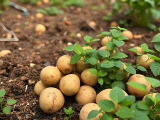 Fresh potatoes on the ground, in the garden.