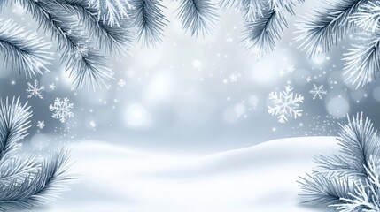 Obraz premium Winter Blurred Background with Frosted Pine Branches