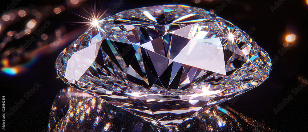 Poster close-up view of a sparkling diamond with reflections and highlights on a dark background