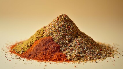 Colorful spice piles with ground pepper and mixed seeds in warm tones