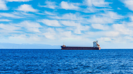 oil tanker of russia shadow fleet used for transportation oil in blue sea. Transport for petroleum...