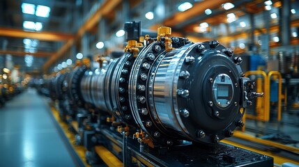 Obraz premium This image captures a close-up view of industrial machinery illustrating the intricate design and the sophisticated technology behind modern manufacturing processes in an industrial setting.