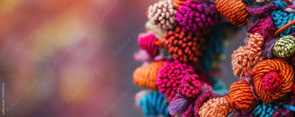Poster vibrant yarn textures creating colorful abstract patterns in focused close-up