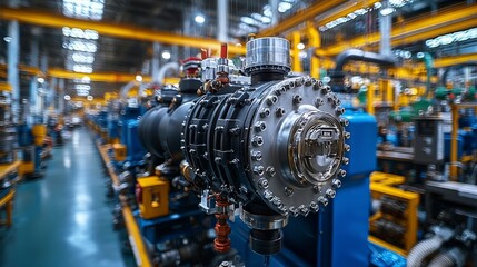 Fototapeta premium This image presents a close-up view of mechanized industrial equipment emphasizing intricate designs and advanced engineering, critical for high-performance manufacturing systems.