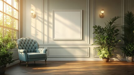 Cozy interior of a sunlit room with a plush chair, plants, and a blank canvas on the wall