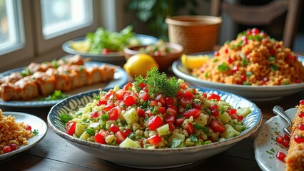 Vibrant middle eastern feast with colorful salads and dishes