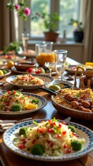Fototapeta premium Colorful mediterranean feast with fresh dishes and juices on sunlit dining table