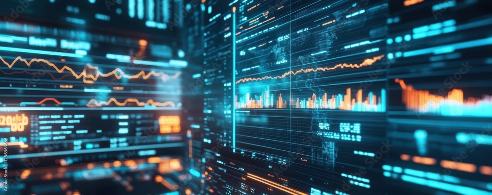 Poster futuristic financial data analysis with graphs and charts on digital screen