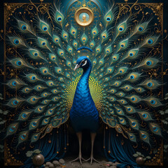 Majestic peacock with ornate tail feathers in regal setting art bird gold on transparent background
