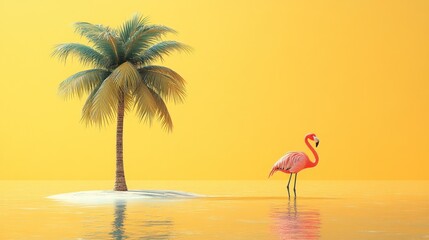 Naklejka premium Vibrant pink flamingo standing near a palm tree on a serene island at sunset with golden hues