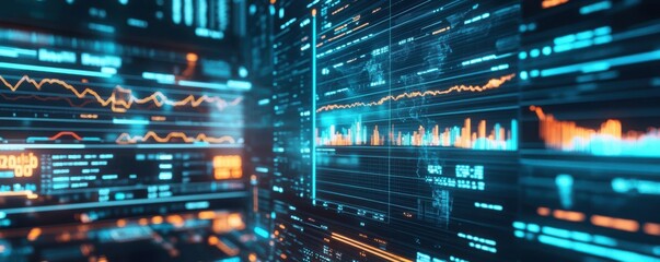 Naklejka premium Futuristic financial data analysis with graphs and charts on digital screen