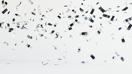 Festive silver confetti dances on a minimalistic white background for joyous celebrations