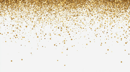 Golden confetti falls gracefully in a minimalistic and festive display on a white background