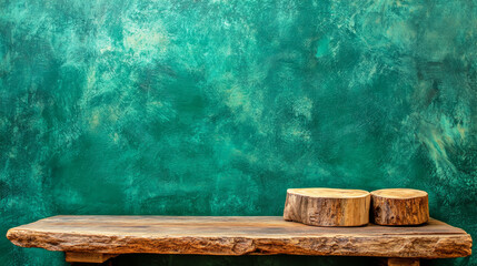 Fototapeta premium Wooden table with stacked slabs against a vibrant green backdrop in a modern minimalistic setting