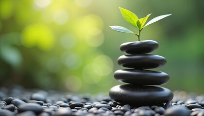 Obraz premium Zen stones with plant on blurred green background, serenity and balance concept