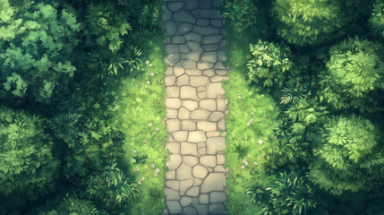 Naklejka premium RPG battle map, Aerial view of a stone path surrounded by lush green foliage and grass. Top-down view of sunny day battlemap 