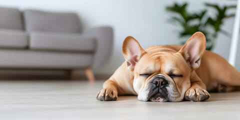 Sleeping French Bulldog: A cute fawn-colored French Bulldog peacefully naps on a wooden floor in a bright, modern living room. Peaceful moment.