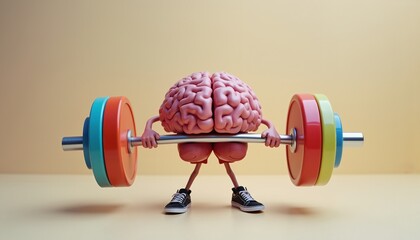 Cartoon brain lifting colorful weights on yellow background symbolizing mental strength