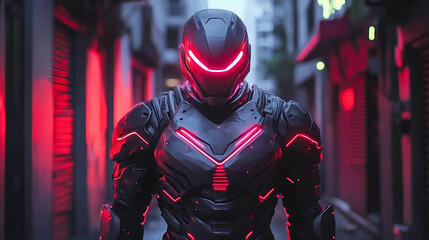 Fototapeta premium Futuristic action scene featuring armored warrior neon alleyway digital art sci-fi environment close-up view. Ethereal Armor. Illustration