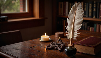 Vintage quill and ink bottle on wooden desk in dim study, creativity