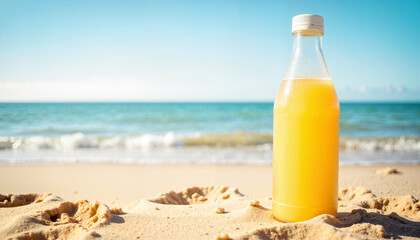 Close-up of lemonade bottle on beach sand under bright sunlight, refreshment