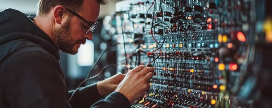 Caucasian male adult adjusting modular synthesizer in studio setting
