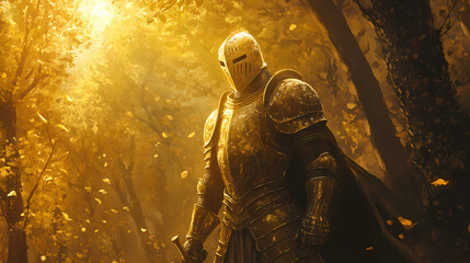Fototapeta premium Golden knight stands in sunlit forest. Ethereal Armor. Illustration