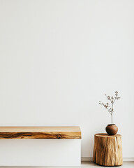 Modern product presentation with wooden elements and soft lighting in minimalist decor