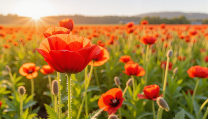 Vibrant poppy blooming in golden sunlight, nature's beauty