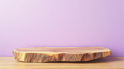 Natural wooden slab on wooden table with purple gradient background in minimalistic style