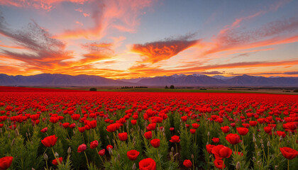Fototapeta premium Vibrant poppy field at sunset with distant mountains, natural beauty