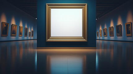 Luxurious golden frame with blank white canvas in elegant dark gallery setting symbolizing creativity, fine art, and sophisticated interior exhibition concept