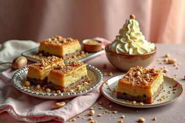 Delicious caramel apple bars with creamy topping and nuts on elegant plates