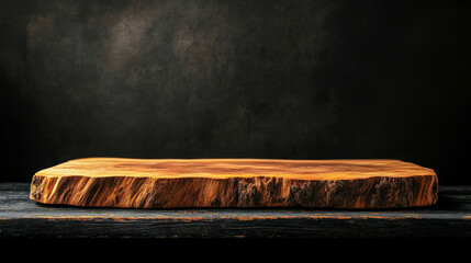 Elegant wooden slab on a minimalist table against a black background for product showcase