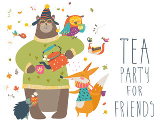 Naklejka premium Tea party with cute animals. Vector illustration