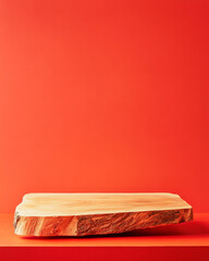 Stylish wooden slab on minimalist table against vibrant red background