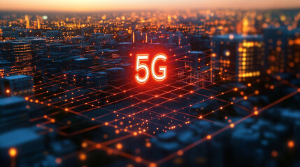Glowing 5G digital network futuristic concept with illuminated red text and high-tech background symbolizing fast connectivity, modern telecommunications, and innovation