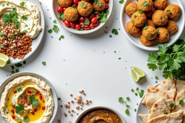 Middle eastern cuisine: falafel, hummus, lentil curry, and flatbread delight