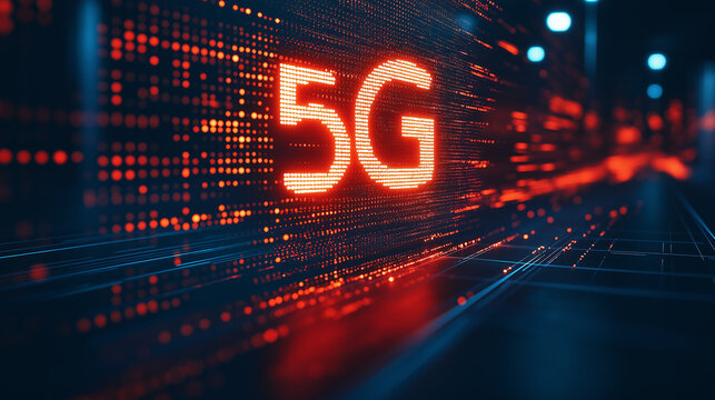 Glowing 5G digital network futuristic concept with illuminated red text and high-tech background symbolizing fast connectivity, modern telecommunications, and innovation