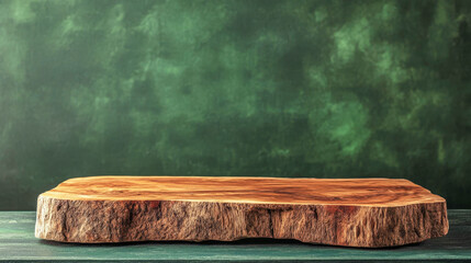 Natural wooden table and slabs displayed against a green backdrop for minimalist presentation