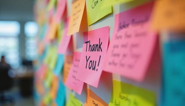 Colorful sticky notes with Thank You! message, ideal for office appreciation themes